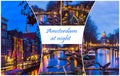 Night illumination of Amsterdam canal and bridge with typical dutch houses, boats and bicycles. Royalty Free Stock Photo