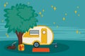 Night illustration of a camping van on vacation. A vehicle for a roadside house among the trees. Camping car-caravan