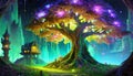 night illustration of fantasy firefly tree
