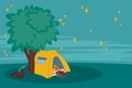 Night illustration with a tent in the forest. The concept of a mobile home for a country holiday. Travel and shelter in