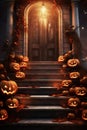 Night image of door and stairs decorated with pumpkins for Halloween Royalty Free Stock Photo