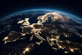 A night image of Europe seen from space with city lights AI generated