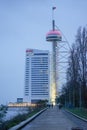 Night image of the exterior of Myriad Hotel in Parque das NaÃÂ§ÃÂµes in Lisbon.