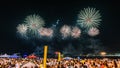 Night image with New Year`s Eve RÃÂ©veillon fireworks exploding in the sky. Royalty Free Stock Photo