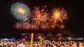 Night image with New Year`s Eve RÃÂ©veillon fireworks exploding in the sky. Royalty Free Stock Photo
