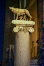 night image of the statue of Lupa Capitolina, sculpture by Antonio Pollaiuolo, Rome. Italy.