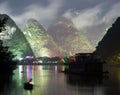 Night image of Yangshuo city near cloudy hill Royalty Free Stock Photo