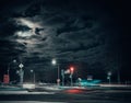 the night intersection with traffic lights was filmed with a long shutter speed Royalty Free Stock Photo