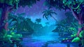 A night jungle forest, with a river flowing among old trees and lianas growing on branches, and drops reflected on the Royalty Free Stock Photo