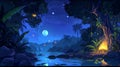 The night jungle forest with swamp and firefly modern background. A fantasy landscape with pond water, campfire, pillow Royalty Free Stock Photo