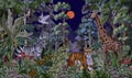 Night jungle landscape with wild animals for kids. Vector.