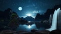 night lagoone waterfal and mountains trees sea water starry sky and moon Royalty Free Stock Photo