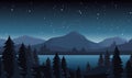 Night lake landscape flat vector illustration. Evening coniferous forest scenery with fir trees and hill peaks