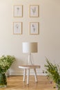 A night lamp on a stool surrounded by bunches of wild flowers against a vanilla wall with nature drawings in a wooden floor room i Royalty Free Stock Photo