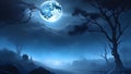 Night landscape, against the backdrop of the full moon, stars and fog are visible, creating a mystical Halloween atmosphere. Royalty Free Stock Photo