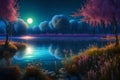 night landscape environment harvest moon over a glittering lake lush vegetation birchwood trees, flowers, magical galax