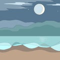 Night landscape. Beach by the sea with mountains and full moon. Vector illustration. Royalty Free Stock Photo