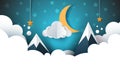 Night landscape - cartoon illustration. Cloud, mountain, moon, star.