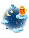 Night landscape with clouds, ladder and kitten with heart. Fantasy illustration