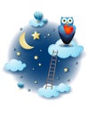 Night landscape with clouds, ladder and owl with heart. Fantasy illustration Royalty Free Stock Photo