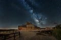 Night landscape with colorful milky way over Church of Santa Maria de Melque located in toledo spain. Starry sky with hills at sum Royalty Free Stock Photo