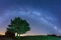 Night landscape with colorful Milky Way stars over the tree silhouette. Starry sky with hills at summer. Beautiful Universe.