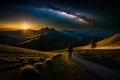 Night landscape with colorful Milky Way and yellow light at mountains. Royalty Free Stock Photo