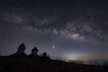 Night landscape with colorful Milky Way and yellow light at mountains. Royalty Free Stock Photo