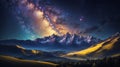 Night landscape with colorful Milky Way and yellow light at mountains. Starry sky with hills at summer. Beautiful Universe Royalty Free Stock Photo