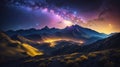 Night landscape with colorful Milky Way and yellow light at mountains. Starry sky with hills at summer. Beautiful Universe Royalty Free Stock Photo