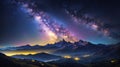 Night landscape with colorful Milky Way and yellow light at mountains. Starry sky with hills at summer. Beautiful Universe Royalty Free Stock Photo