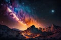 Night landscape with colorful Milky Way and yellow light at mountains Starry sky Generative AI Royalty Free Stock Photo