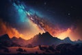 Night landscape with colorful Milky Way and yellow light at mountains Starry sky Generative AI Royalty Free Stock Photo