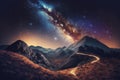 Night landscape with colorful Milky Way and yellow light at mountains Starry sky Generative AI Royalty Free Stock Photo