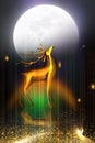 Night landscape with dark colorful background  moon, golden deer and gold waves .for use as a frame on walls . 3d modern art mural Royalty Free Stock Photo