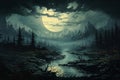 night landscape, dark dramatic stormy sky with moonlit and cumulus clouds over forest and river, for abstract background