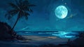 Night landscape, deserted beach, palm tree, view of the moon Royalty Free Stock Photo
