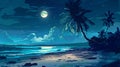 Night landscape, deserted beach, palm tree, view of the moon Royalty Free Stock Photo