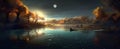 night landscape environment harvest moon over a glittering lake birchwood trees, flowers, magical galaxy. 3d drawing digital art