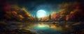 night landscape environment harvest moon over a glittering lake birchwood trees, flowers, magical galaxy. 3d drawing digital art