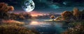 night landscape environment harvest moon over a glittering lake with lush vegetation birchwood trees, flowers, magical galaxy