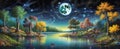 night landscape environment harvest moon over a glittering lake trees, flowers, magical galaxy. 3d drawing digital art