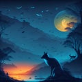 Night Landscape with Fantasy Animals, Generative AI Illustration