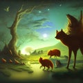 Night Landscape with Fantasy Animals, Generative AI Illustration