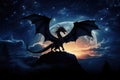 Night landscape flying fantasy dragon magic legend illustration dark art background sky animal Royalty Free Stock Photo