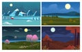 Night landscape. four season backgrounds night view summer winter autumn spring moonlight and sky. vector illustrations