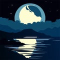 Night landscape with a full moon and a mountain lake. Vector illustration. Generative AI Royalty Free Stock Photo