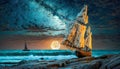 Night Landscape. Full Moon over the ocean, sail boat. AI generated Royalty Free Stock Photo