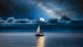 Night Landscape. Full Moon over the ocean, sail boat. AI generated Royalty Free Stock Photo