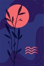 Night landscape with full moon and river plant. Abstract vertical poster